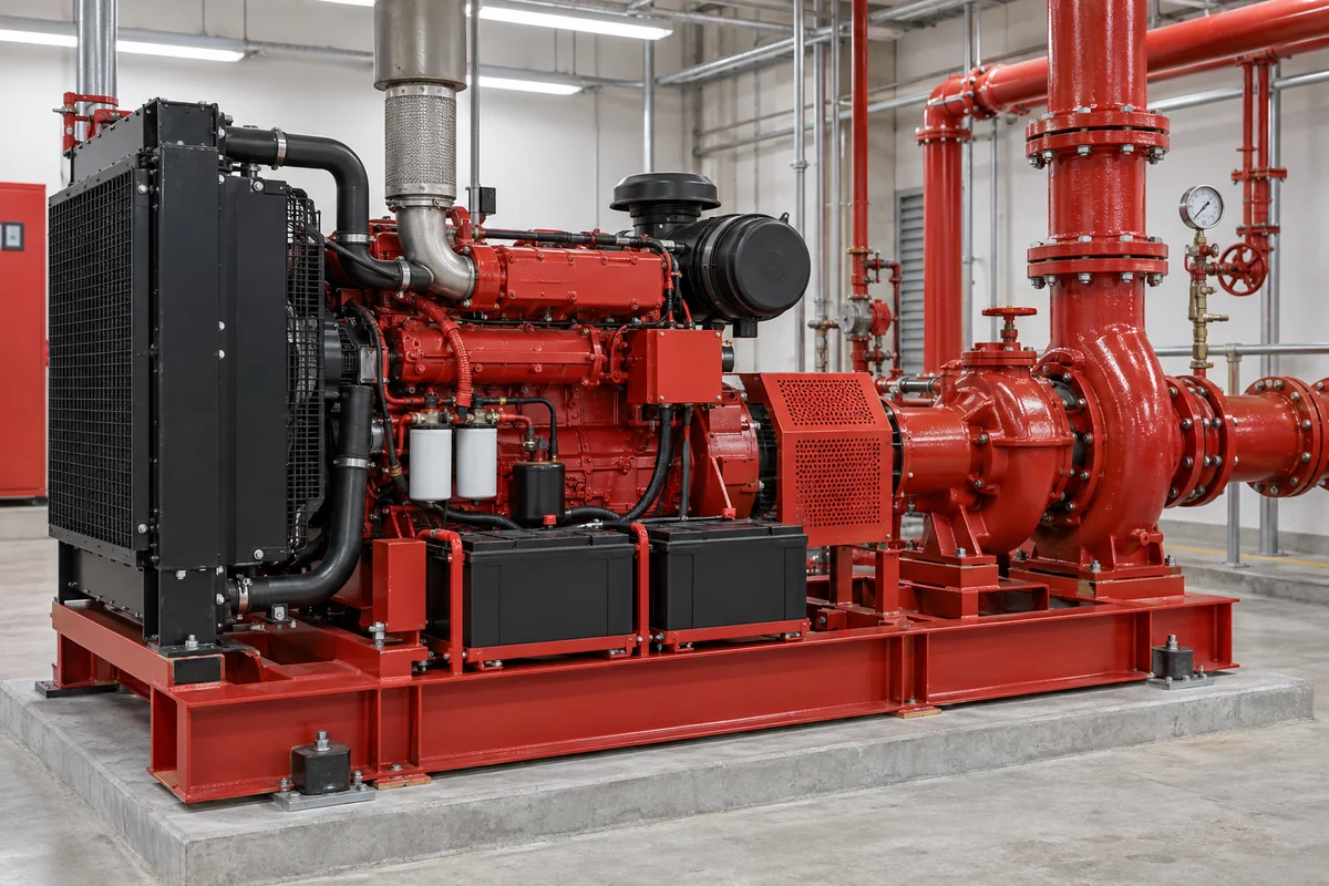 Diesel engine coupled to a red centrifugal fire pump with perforated coupling guard, radiator and coolant hoses, white filter housings, exhaust pipe, and two closed black battery boxes.
