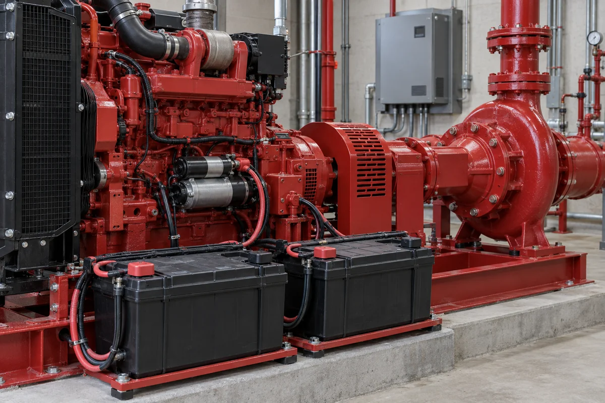 Red diesel engine coupled to a centrifugal fire pump with guarded coupling, visible starter assemblies, two black starting batteries with covered terminals and insulated cables, and a closed gray electrical cabinet.