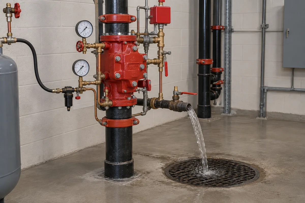 Dry fire sprinkler riser with red dry-pipe valve, brass trim and pressure gauges, connected air supply, and controlled test water discharging to a floor drain; no people present.