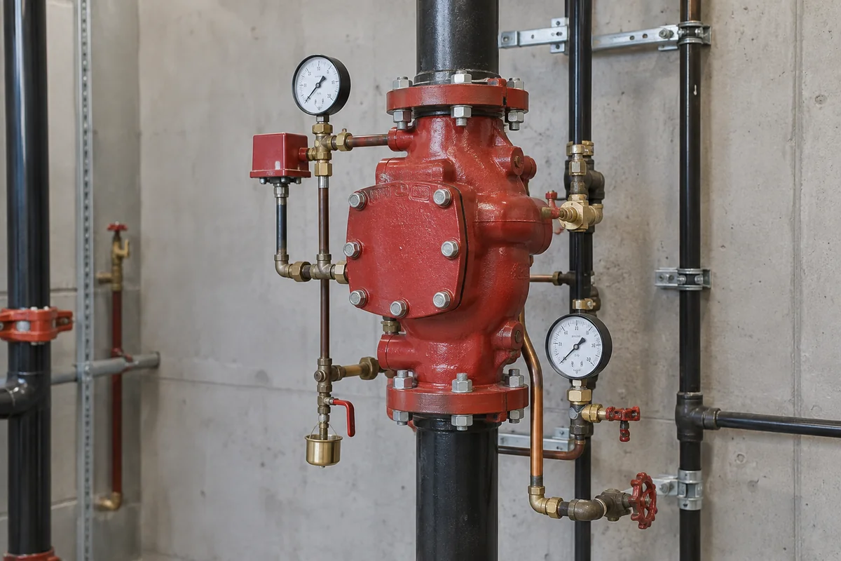 Red cast-iron dry-pipe fire sprinkler valve with pressure gauges, brass and copper trim, and small red handles.