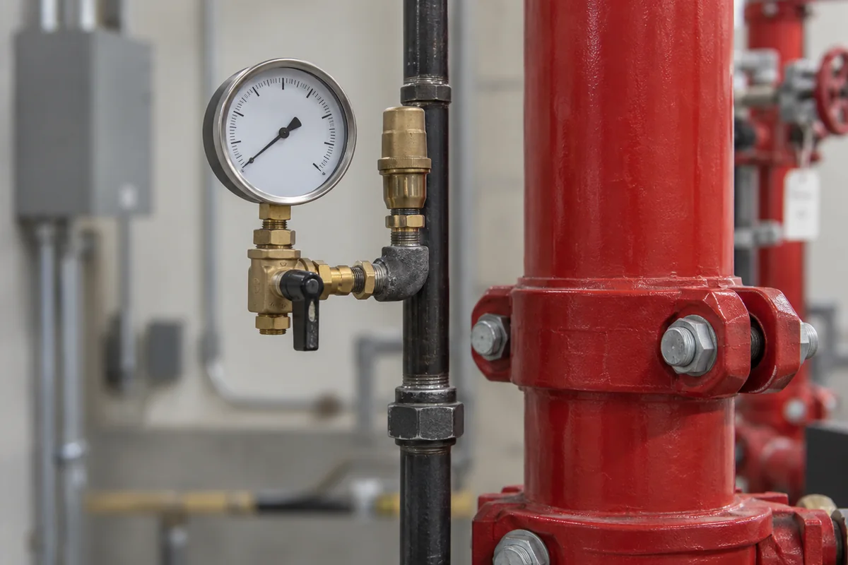 Analog pressure gauge with brass fittings and a black-handled valve connected to small black steel piping beside a larger red fire sprinkler riser.
