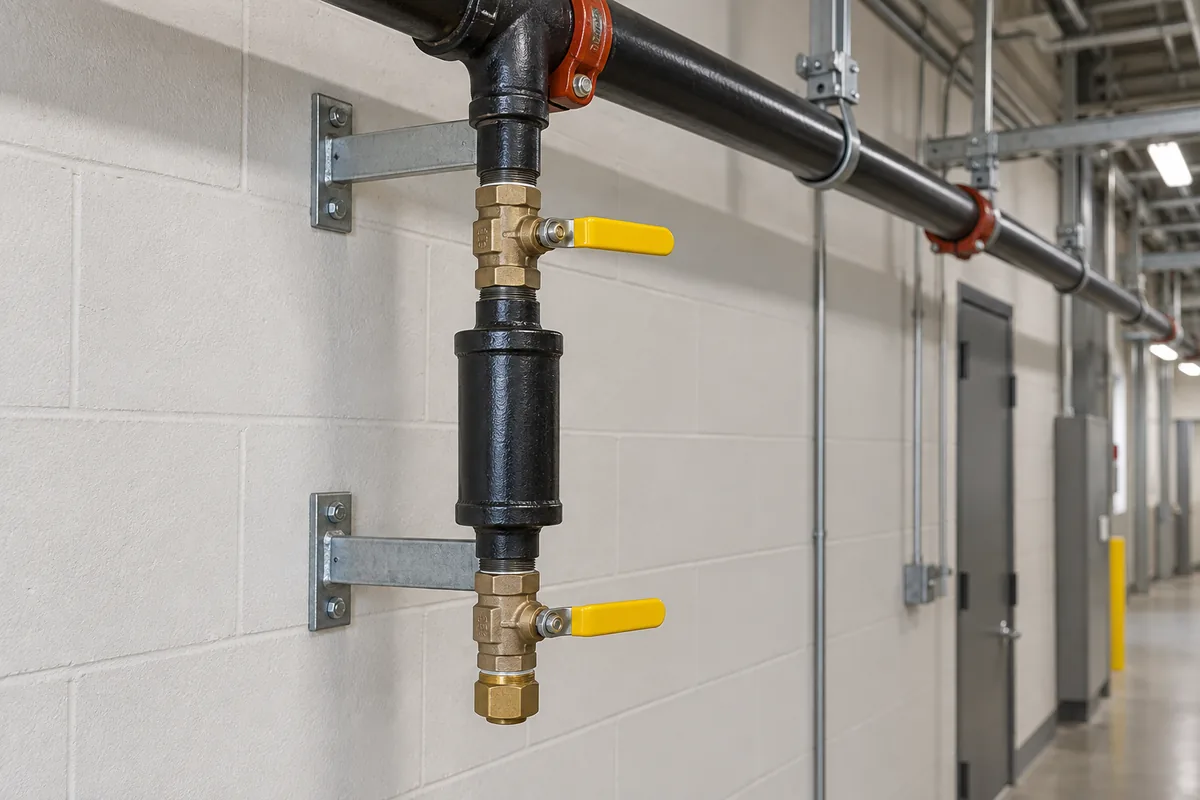 Vertical black auxiliary drain collection nipple between two brass yellow-handled valves, with a capped lower outlet, wall supports and overhead fire sprinkler piping.