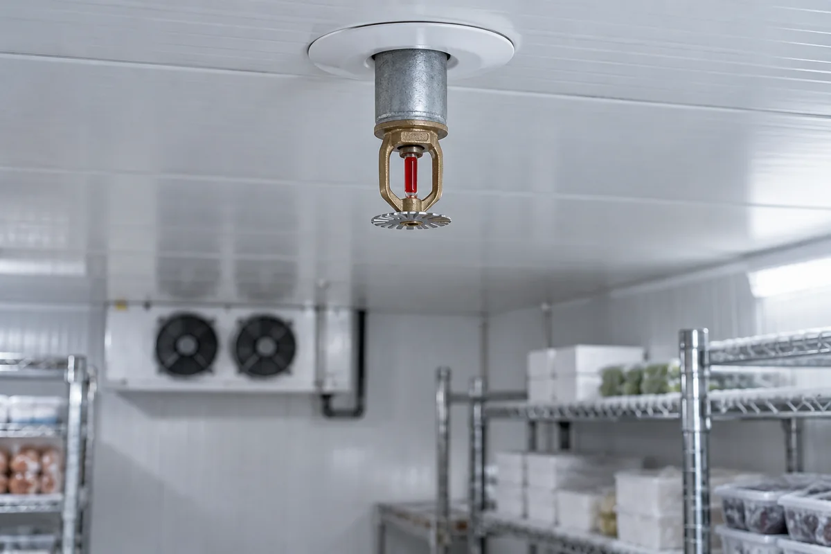 Dry pendent fire sprinkler extending through a sealed insulated white freezer ceiling with shelving and cooling fans in the background.