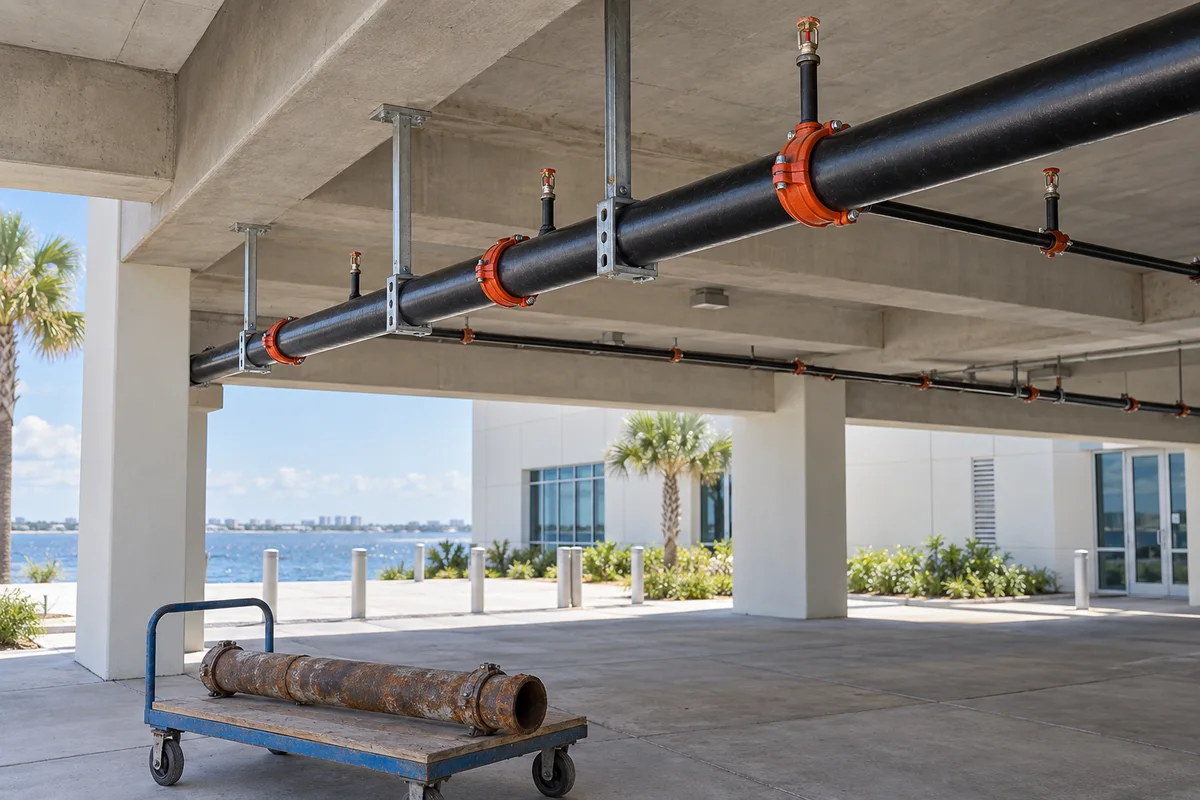 Coated black exterior fire sprinkler piping with orange grooved couplings, steel supports and upright sprinklers beneath an open-sided concrete canopy; removed weathered pipe on a cart; palm and coastal background.