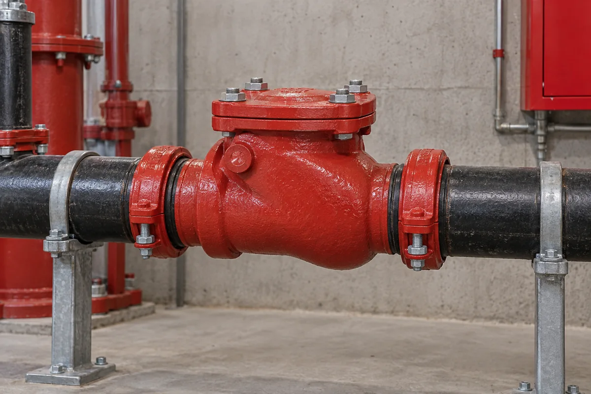 Red swing check valve with bolted cover connected by grooved couplings to horizontal black steel fire-protection piping, supported in a utility room.