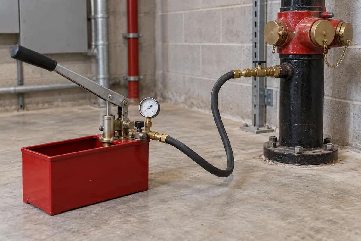 Manual hydrostatic test pump with red reservoir, small gauge, and reinforced hose connected to a brass fitting on black fire-protection piping.