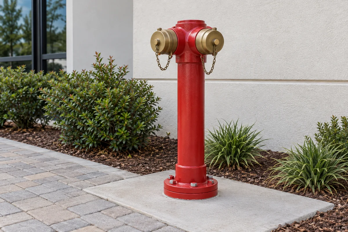 Freestanding red fire department connection riser with two capped brass inlets and short retaining chains, mounted on a concrete pad beside a landscaped commercial building.
