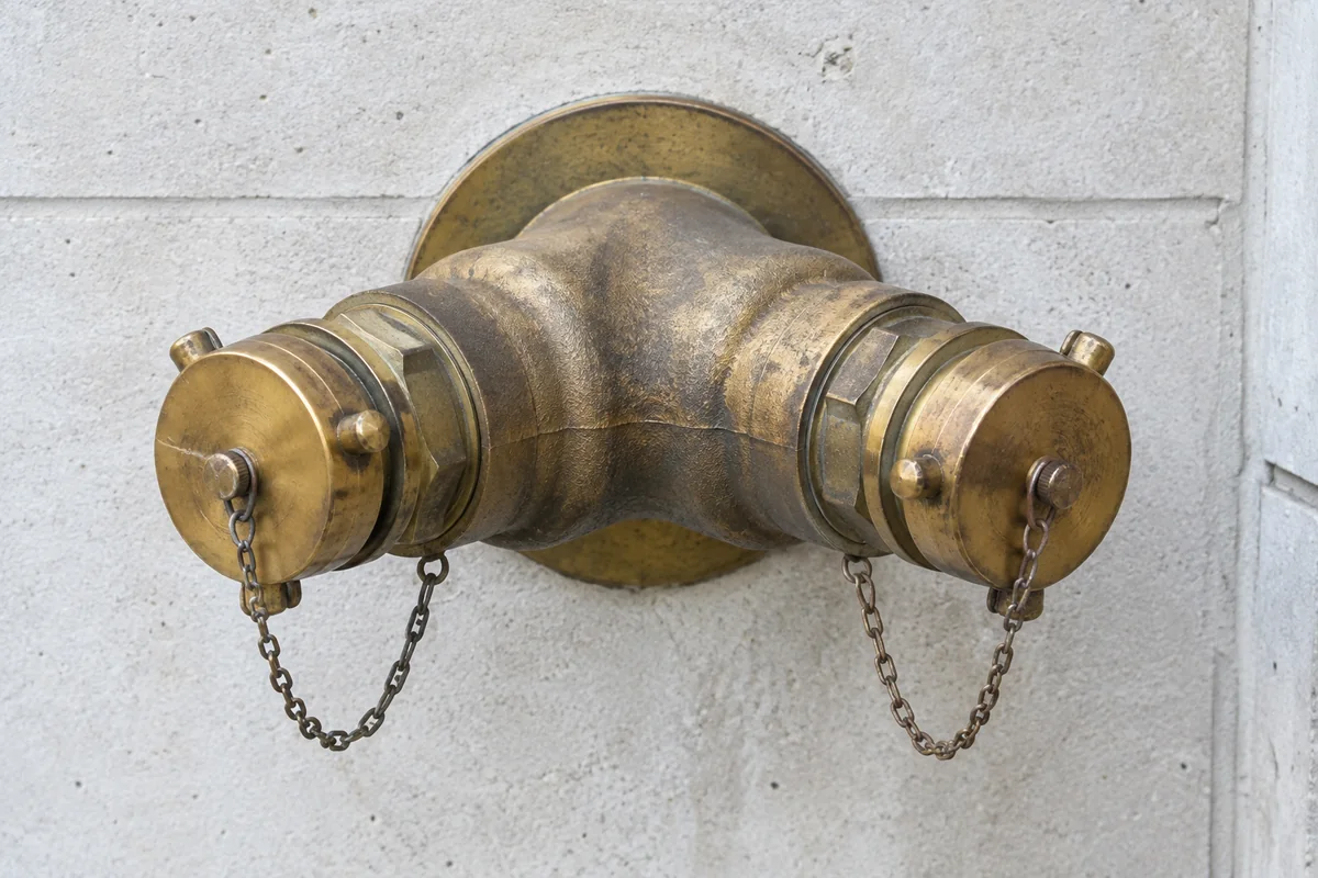 Weathered brass two-inlet fire department connection mounted on a pale masonry wall, with both swivel inlets capped by brass caps and short retaining chains.