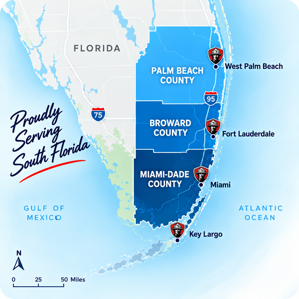 Florida Fire Solutions service-area map showing Palm Beach, Broward and Miami-Dade counties, with West Palm Beach, Fort Lauderdale, Miami and Key Largo marked.