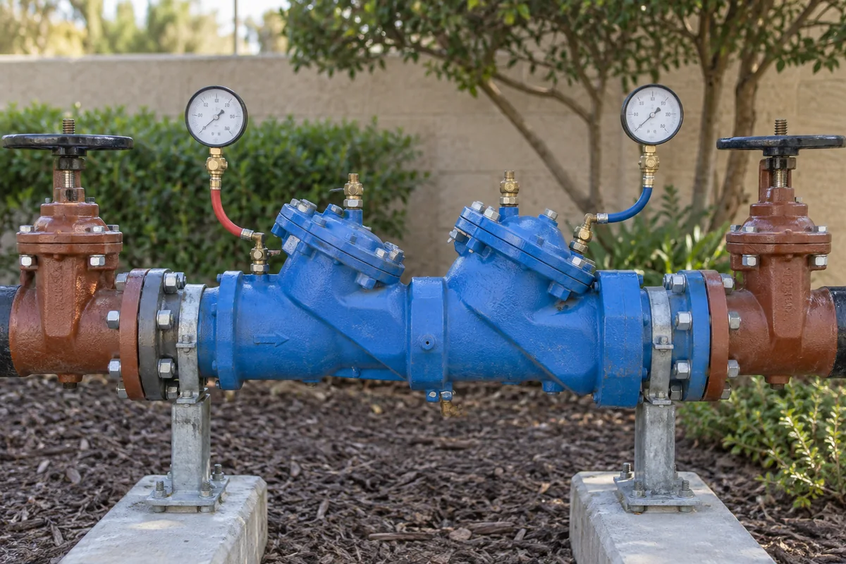 Blue fire backflow check assembly with two separate gauges connected by red and blue hoses to brass test fittings, shutoff valves, and supports outdoors.