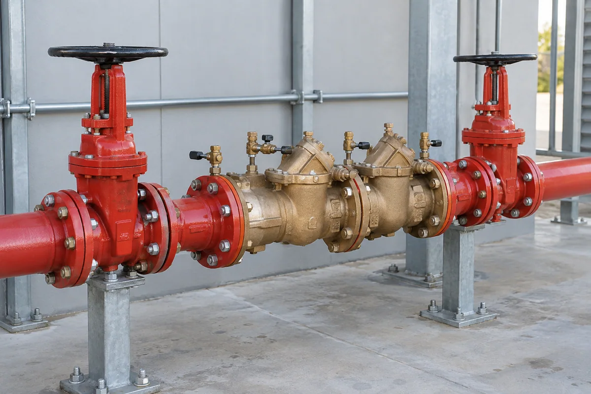Bronze fire backflow preventer between red isolation valves and fire-line piping, supported above a concrete floor.