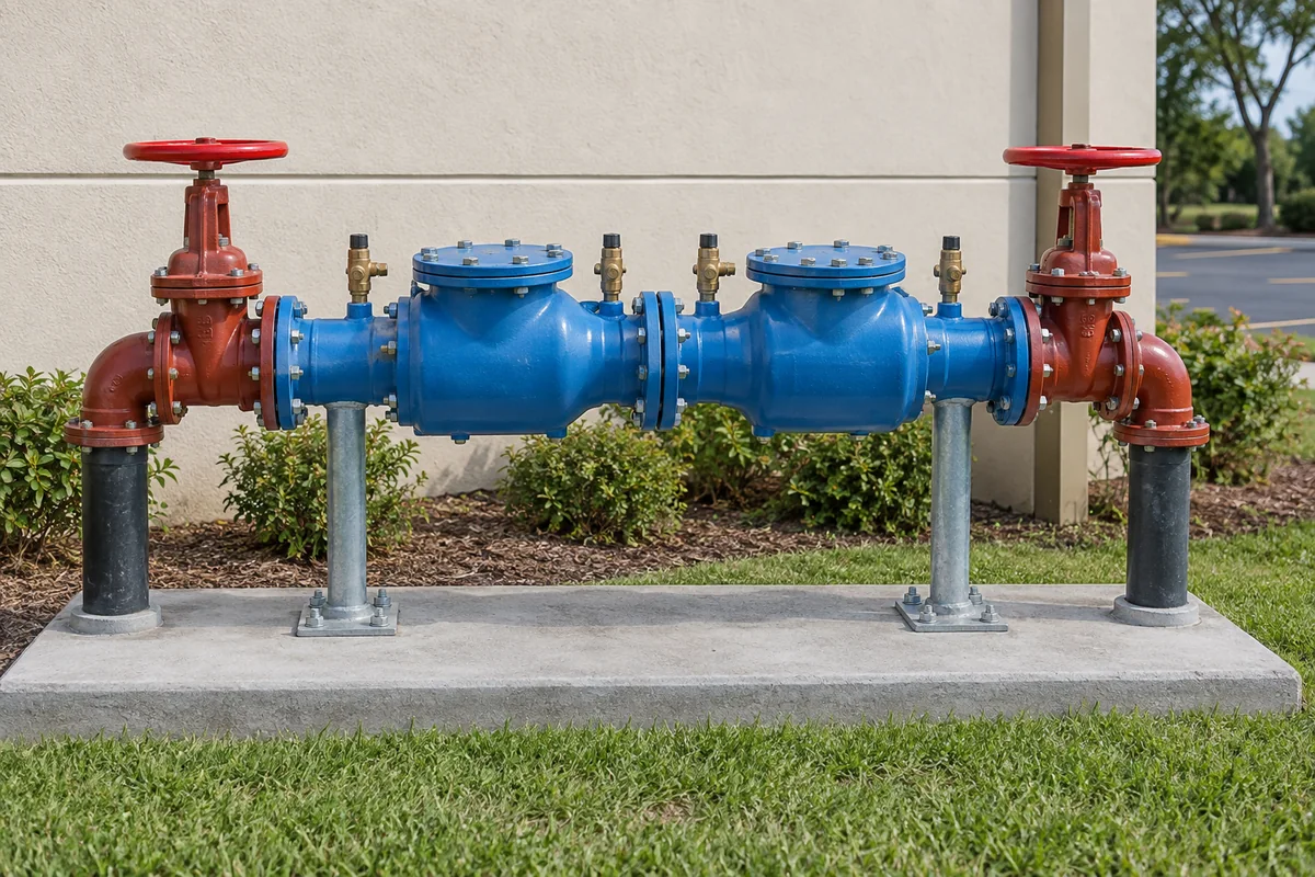 Blue double check fire backflow assembly with two bolted access covers, brass test cocks, red shutoff handwheels, and supported aboveground piping on a concrete pad beside a commercial wall.