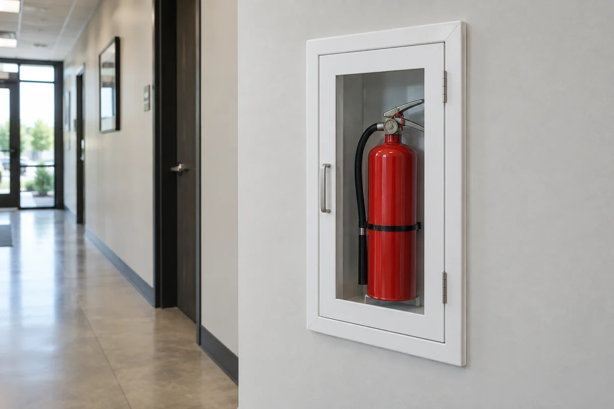 White recessed fire extinguisher cabinet with glazed door, red extinguisher and black hose in a commercial corridor.