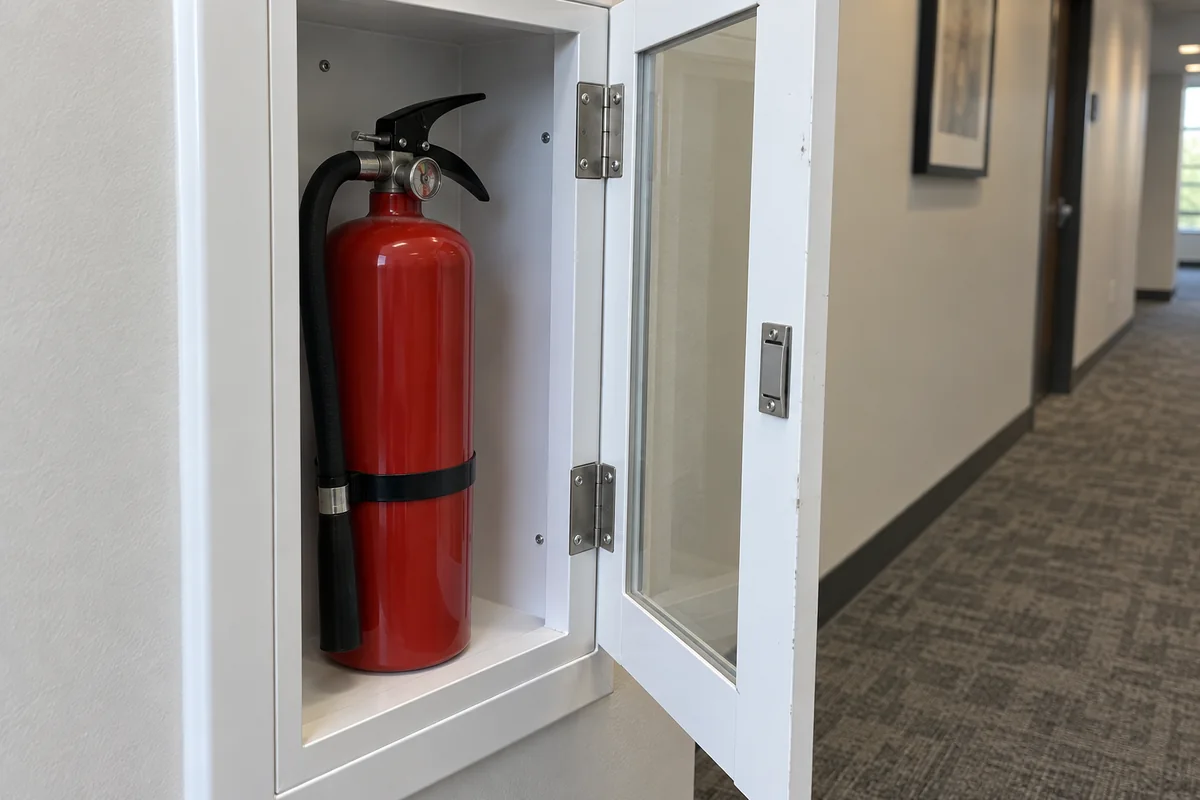 White recessed fire extinguisher cabinet in a commercial corridor with the glazed door open, visible hinges and simple latch, and a red fire extinguisher with black hose inside.
