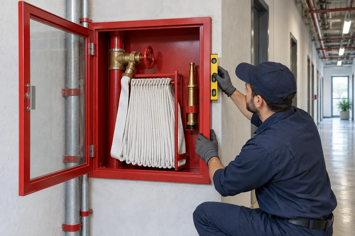 Open red fire hose cabinet with folded white hose, brass valve and stored nozzle while a technician checks the cabinet edge with a level.