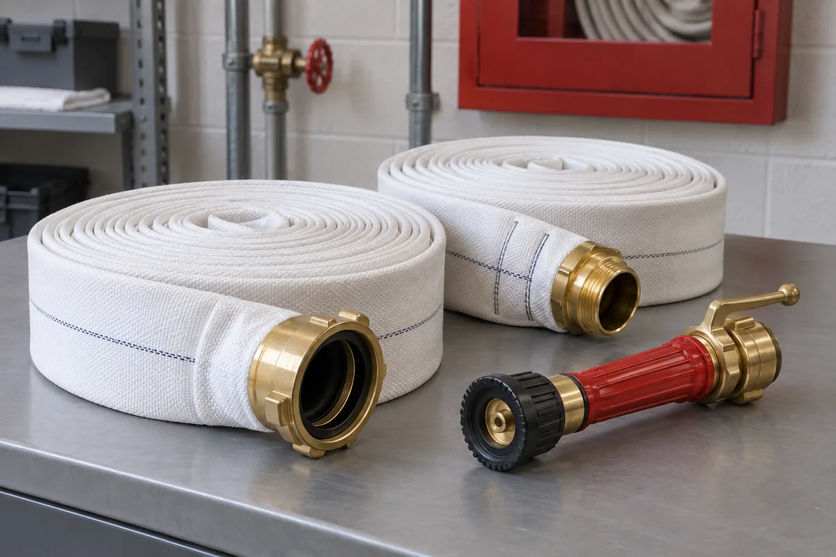 Two neatly rolled white woven fire hose assemblies with brass couplings and a red-and-brass nozzle on a metal service bench in a utility room.