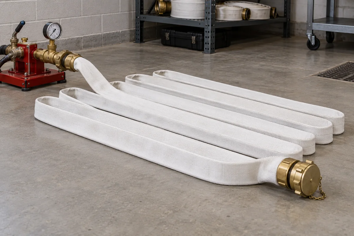 White woven fire hose arranged in broad loops on concrete during test preparation, connected to a brass test manifold with a small gauge and a capped far end.