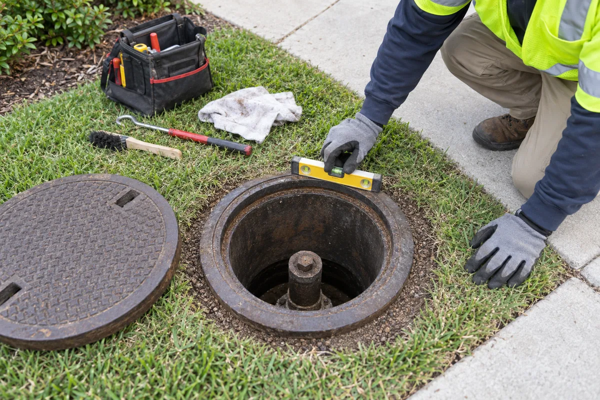 Open cast-iron ground valve box with a square operating nut visible inside, the adjacent lid removed, and a technician checking the box rim level.