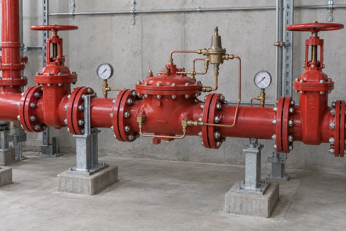 Large red flanged diaphragm valve on supported red fire protection piping with brass pilot components, control tubing, two pressure gauges, and red isolation valves in a concrete mechanical room.