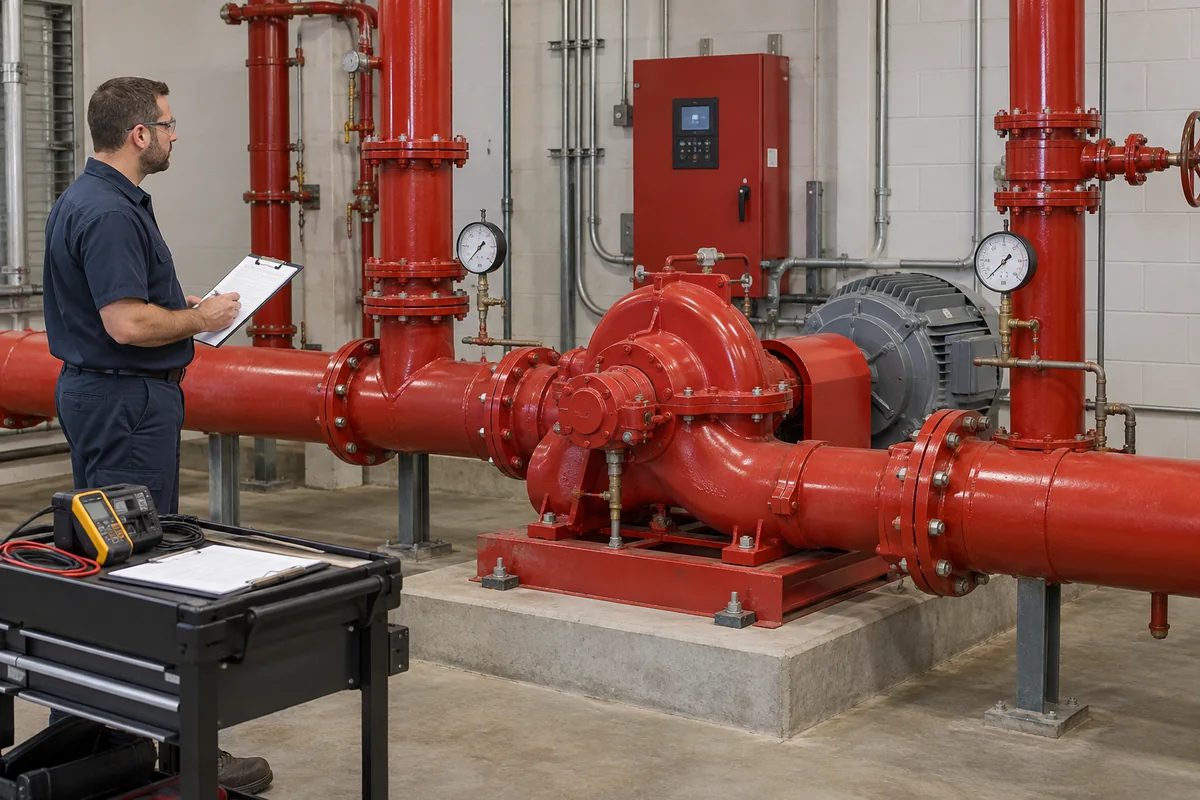 Technician in navy workwear and safety glasses holding a clipboard beside a red fire pump with gray motor, guarded drive, pressure gauges and closed red controller, with test instruments on a cart.