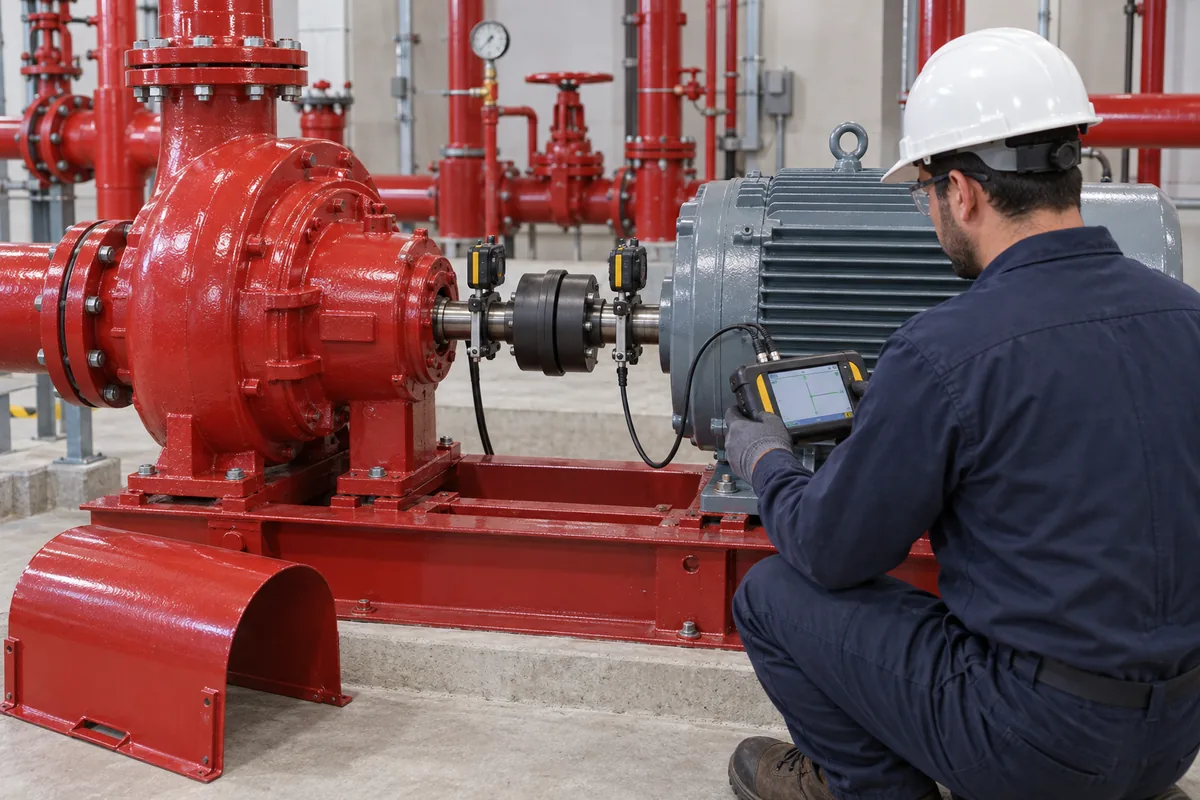 technician holding an alignment meter beside a red horizontal fire pump and gray electric motor; shaft-mounted sensors on stationary coupling, coupling guard placed beside base.