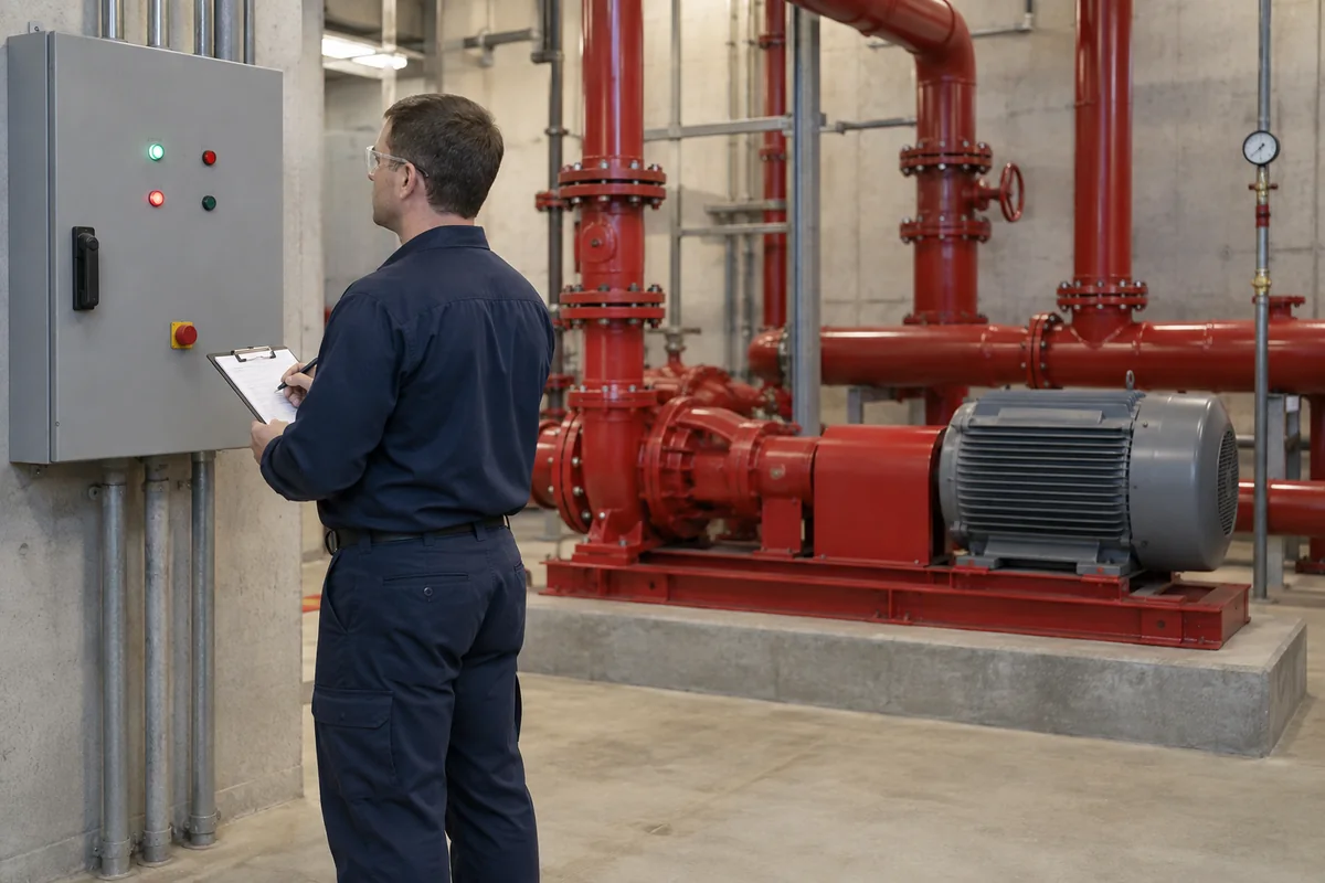 Technician in navy workwear and safety glasses records observations at a closed gray controller beside a red fire pump with gray motor, covered coupling, red piping and separate gauge on a dry floor.