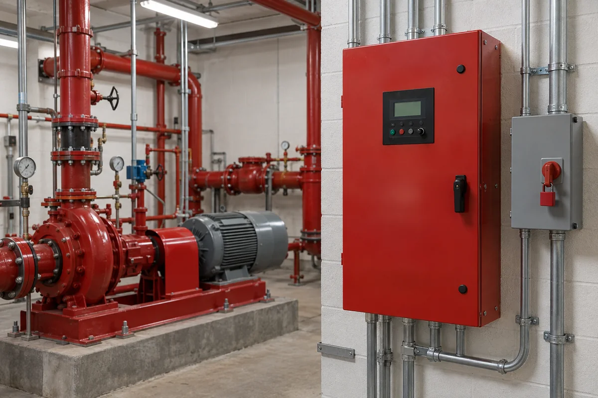 Closed red wall-mounted fire pump controller with display and buttons beside a closed gray padlocked disconnect, with red pump, gray motor and covered coupling in the background.