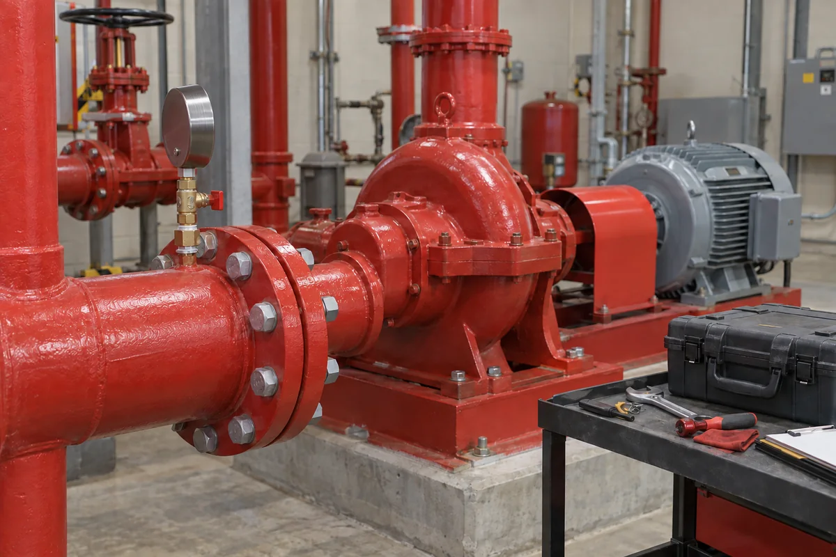 Bolted red pipe flange and brass gauge-isolation fitting in the foreground with the gauge turned away, red fire pump and gray motor behind, covered coupling, and a tool cart holding a closed case, wrench and flashlight.