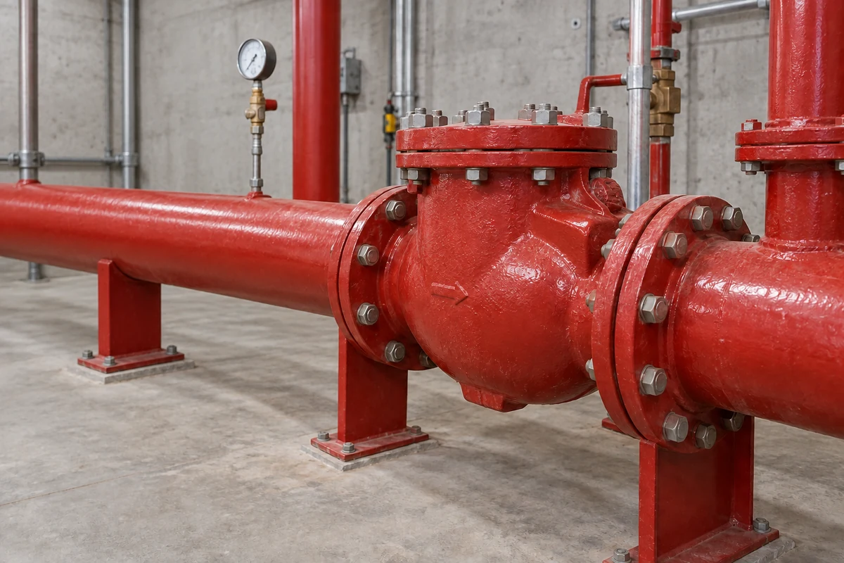 Large red flanged fire pump discharge swing check valve with bolted top inspection cover and directional arrow in supported red horizontal piping, with a pressure gauge in a concrete pump room.