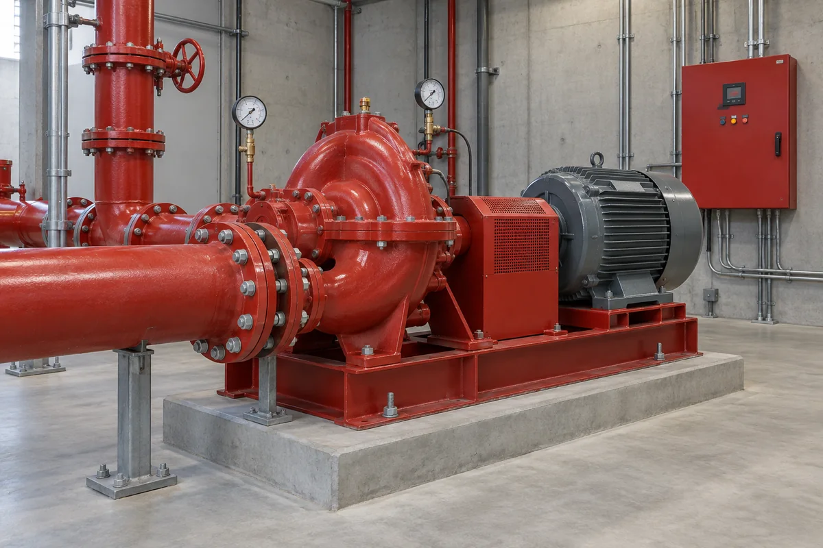 Red horizontal split-case fire pump and gray motor on a bolted common base over a concrete pad, with covered coupling, flanged red piping, two gauges and a closed red wall controller.