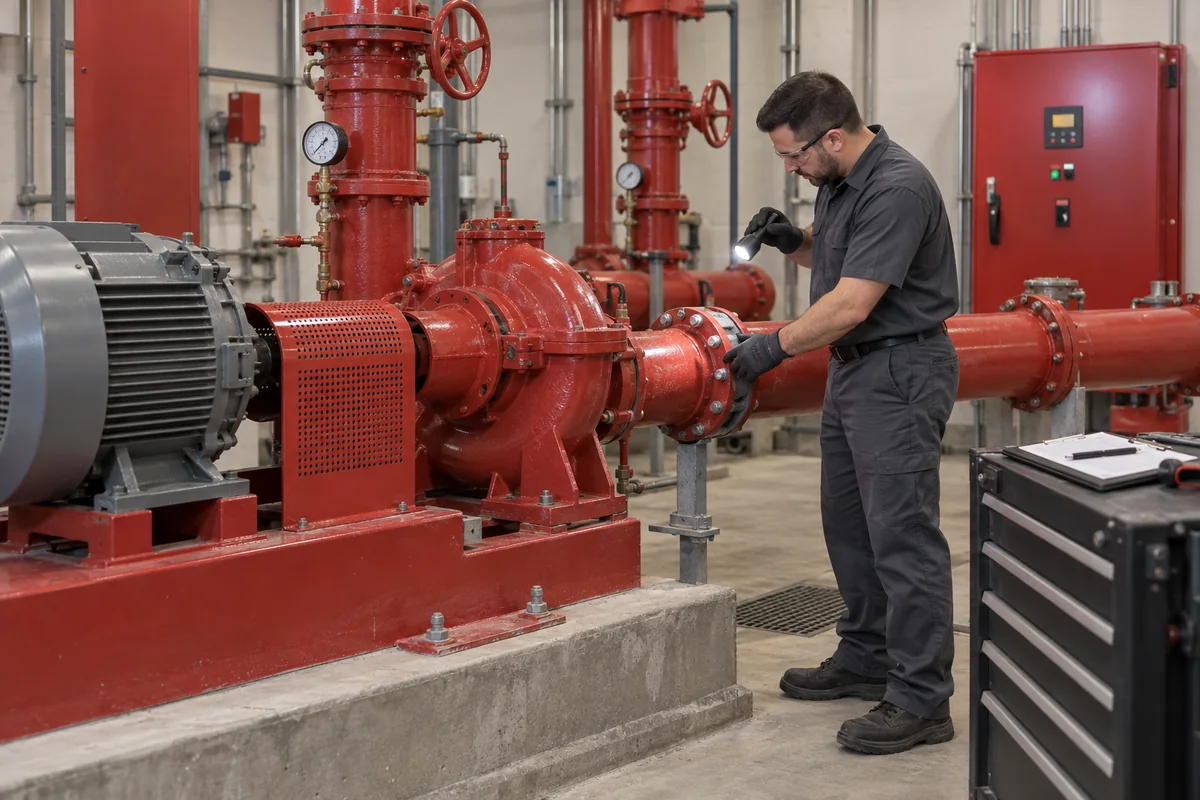 Technician in charcoal workwear, safety glasses and gloves uses a flashlight to inspect a bolted red pipe flange beside a red fire pump, gray motor, covered coupling, gauges and closed red controller, with a clipboard on a tool cart.