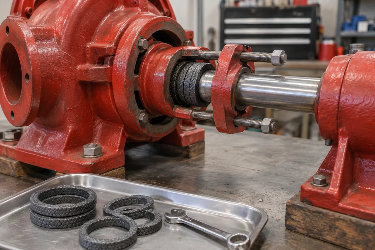 Stationary red fire pump stuffing-box and shaft assembly on workshop supports with loosened two-stud gland follower, visible braided packing, spare dark packing rings and a hand wrench in a tray.
