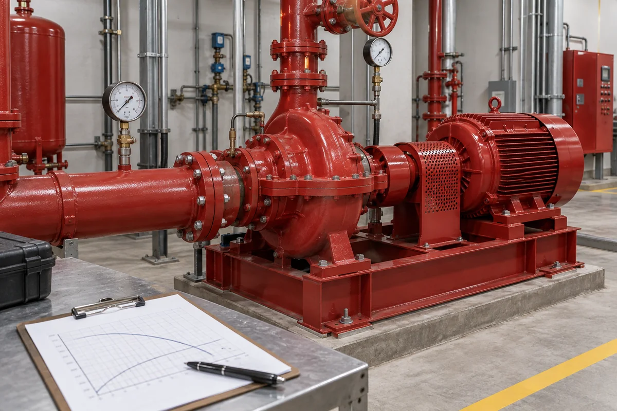 Red horizontal split-case fire pump and electric motor with guarded coupling, red pipework, analog pressure gauges, and a clipboard with plotted chart and pen.