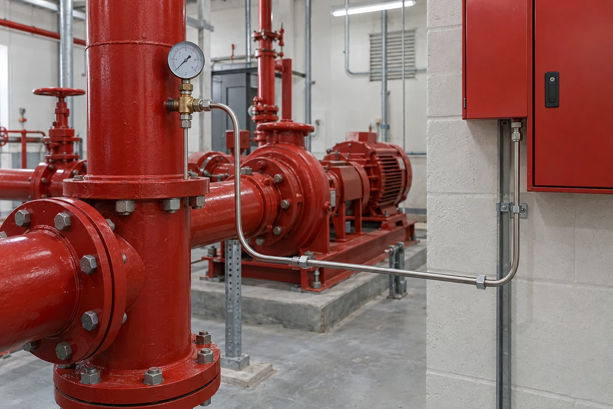 Small stainless fire pump pressure sensing tubing routed from a large red fire-protection pipe through a brass fitting and pressure gauge to a closed red controller cabinet, with a red centrifugal pump and motor behind.