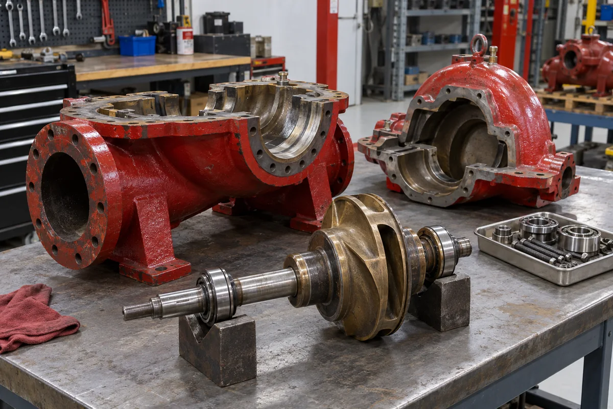 Dismantled red fire pump casing halves on a steel bench with bronze impeller, steel shaft on V blocks, and a tray of bearings and fasteners.