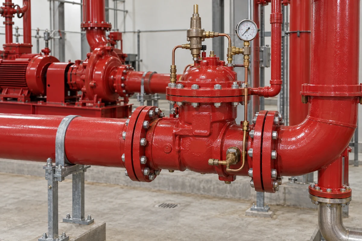 Red flanged diaphragm-style fire pump relief valve with bolted domed cover, brass pilot components, small copper tubing and pressure gauge in red fire pump piping, with a red centrifugal pump behind.