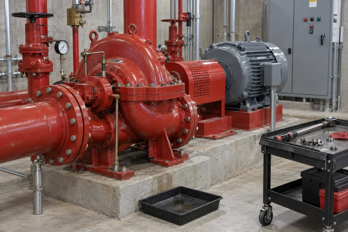 Red split-case fire pump with gray motor, coupling guard, flanged red piping, gauge and closed controller beside a floor drip tray and rolling tool cart.