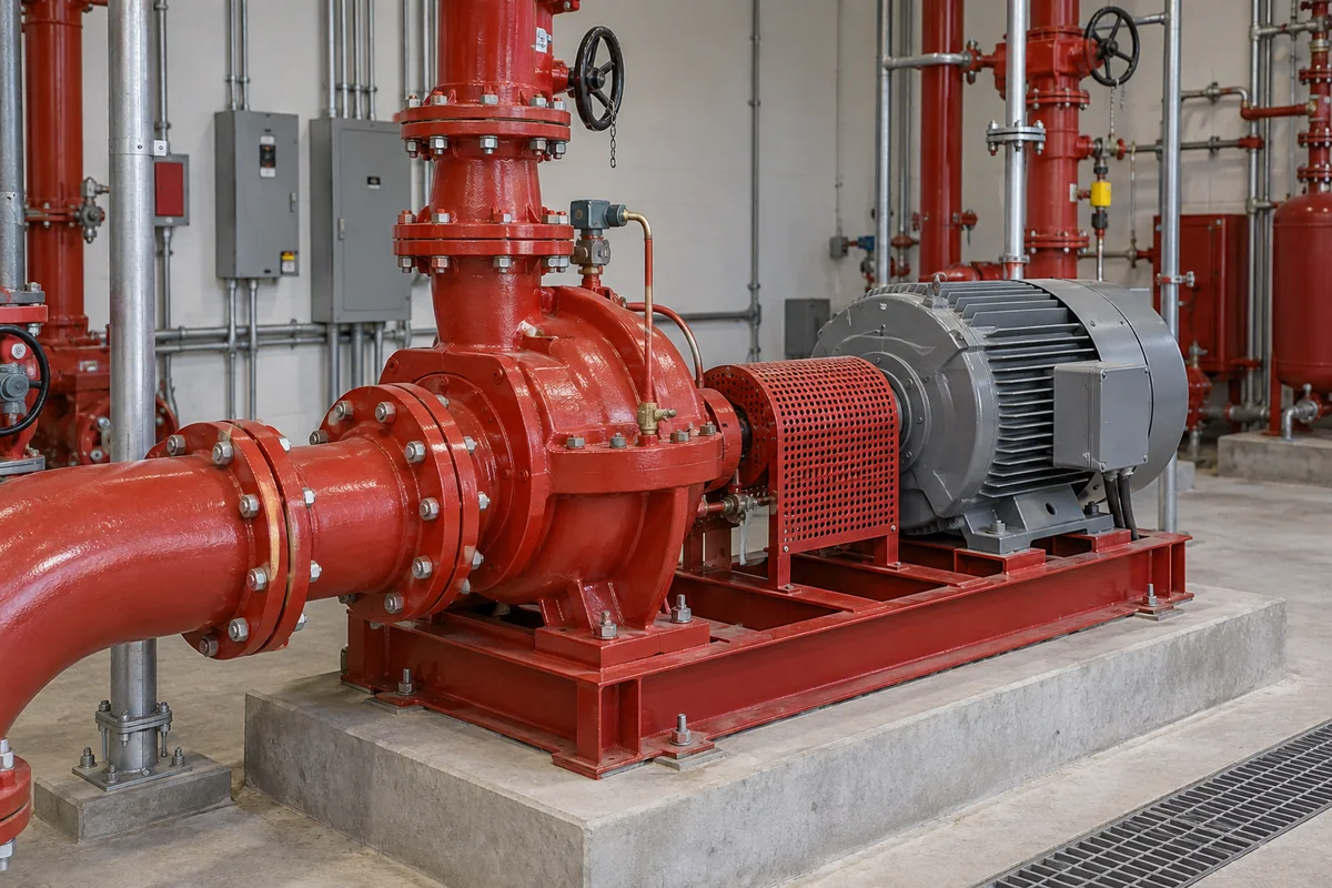 Red commercial fire pump connected to a gray electric motor with coupling guard on a concrete equipment pad.