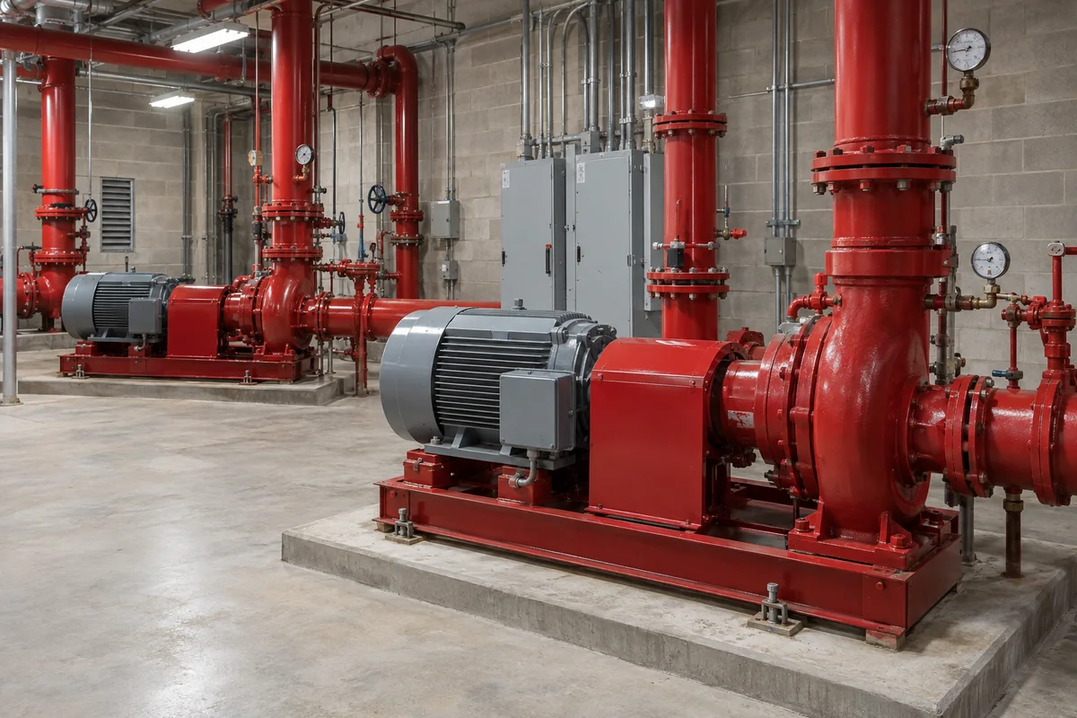 Two red centrifugal fire pump assemblies on concrete plinths with gray motors, red coupling covers, large red risers, pressure gauges and closed gray controllers.