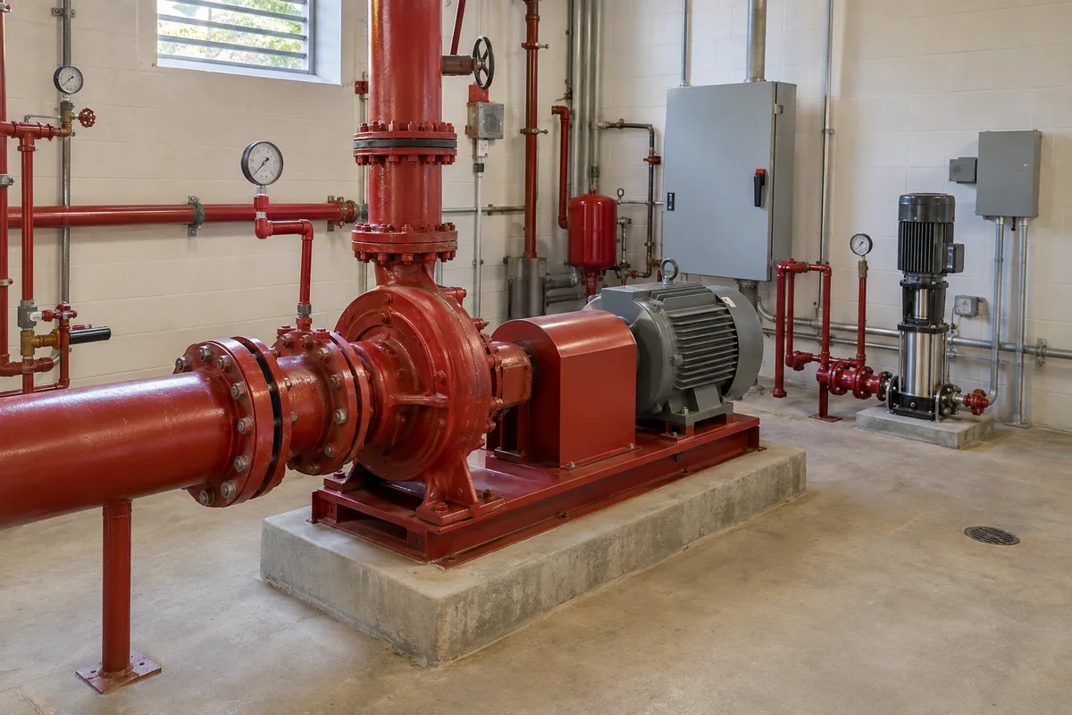 Red centrifugal fire pump with gray motor, red coupling guard, horizontal inlet and vertical outlet, stainless jockey pump, pressure gauges and gray controllers in a white block utility room.