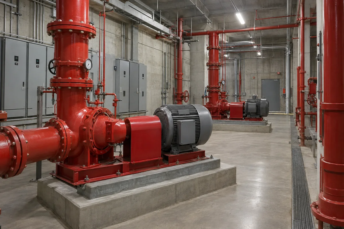 Two red centrifugal fire pumps on raised concrete bases with gray motors, red coupling covers, flanged risers, gauges and gray wall controllers beside a clear service aisle.