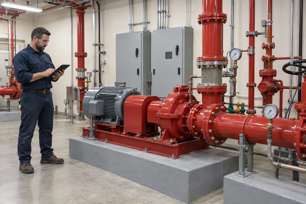 Technician in navy workwear and safety glasses using a tablet beside a red centrifugal fire pump with gray motor, red coupling guard, red flanged piping, pressure gauges and gray control cabinets.