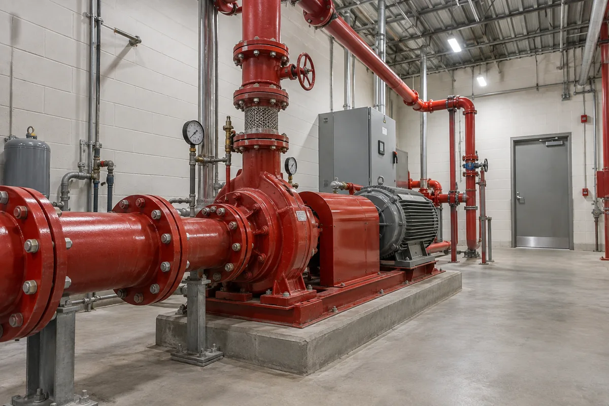 Large red centrifugal fire pump on an anchored concrete plinth with flanged inlet, vertical outlet, pressure gauges, red coupling guard, gray motor, overhead red piping and closed controller.