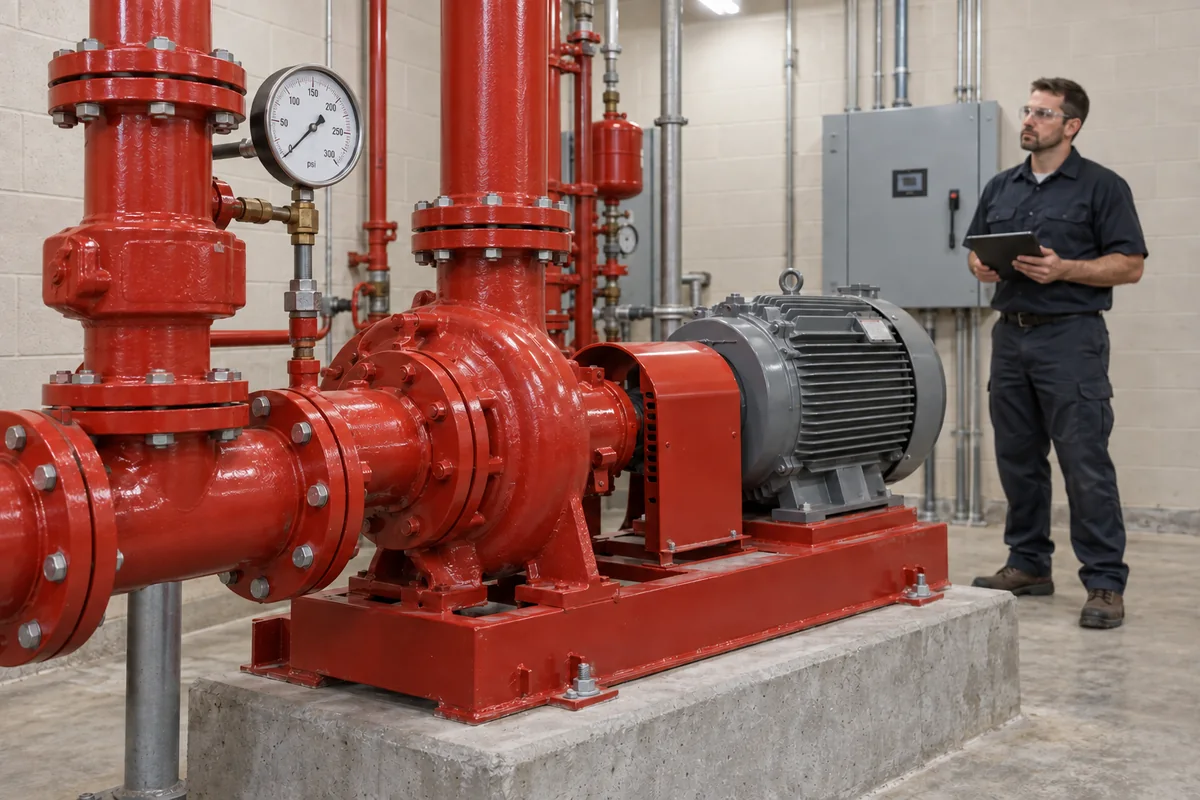 Technician in navy workwear and safety glasses holding a tablet beside a red fire pump with gray motor, red coupling guard, flanged piping, pressure gauge and gray controller.