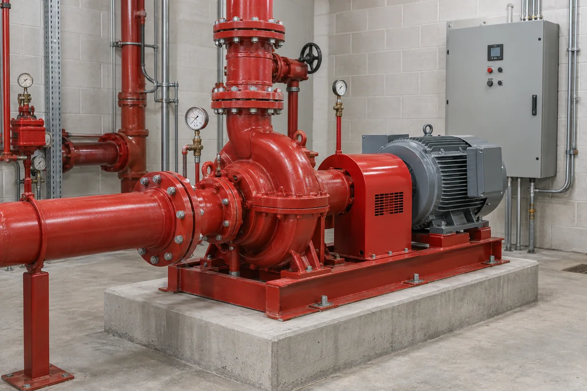 Red centrifugal fire pump on a raised concrete plinth with red flanged piping, pressure gauges, gray motor, red coupling cover and closed gray wall controller.