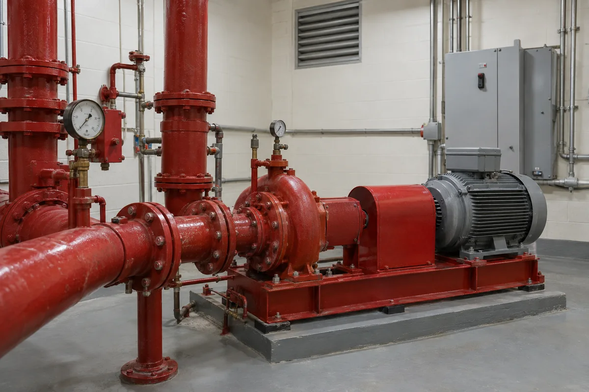 Red fire pump and gray enclosed electric motor on a low raised base with red coupling guard, large flanged red piping, vertical risers, pressure gauges and a closed gray wall controller in a white masonry utility room.