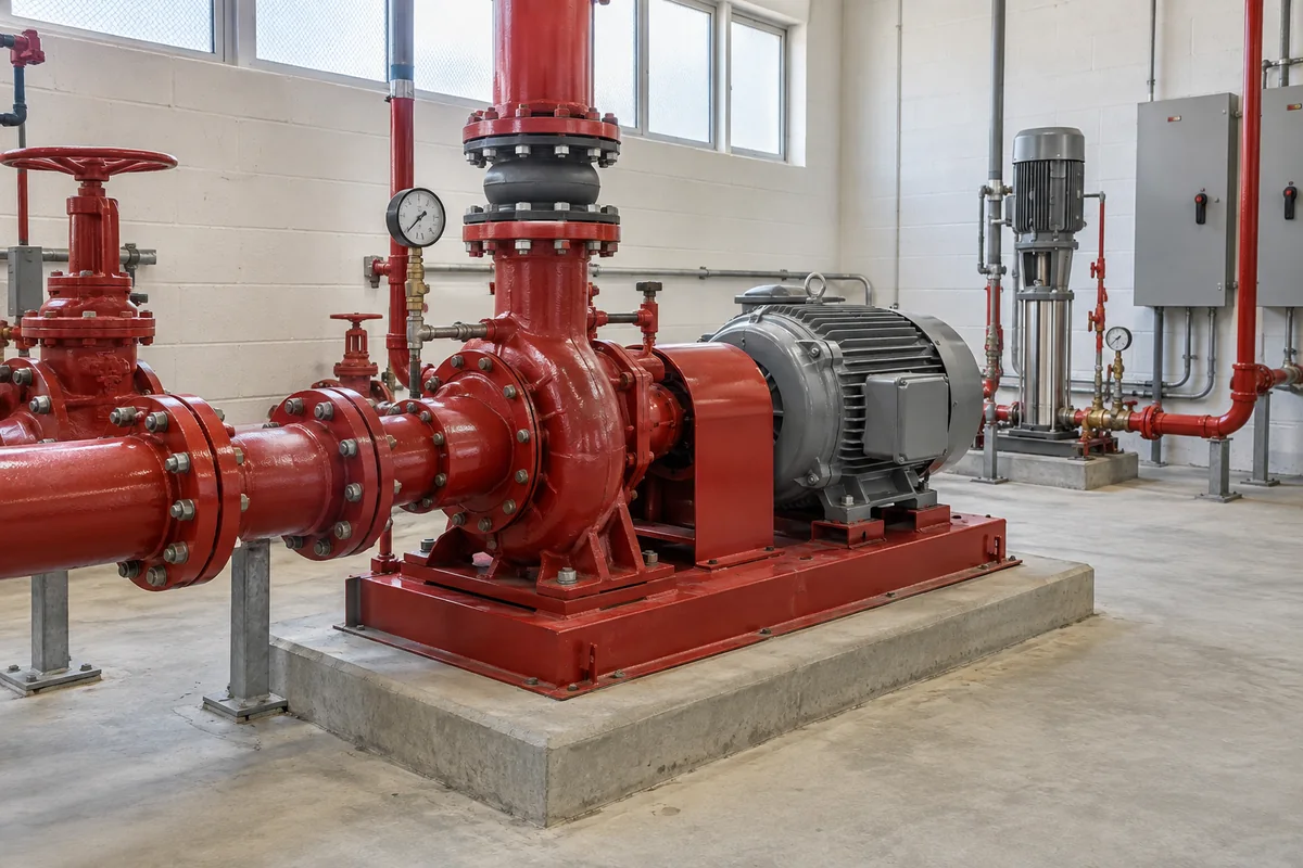 Red centrifugal fire pump with flanged piping and pressure gauge, red coupling cover and gray enclosed motor on a concrete plinth, with a smaller upright stainless pressure-maintenance pump and closed gray controllers behind.