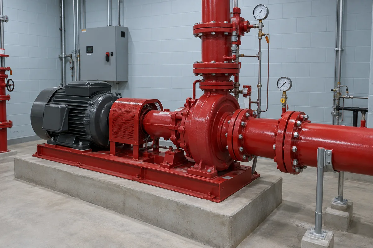 Red centrifugal fire pump with large red inlet and vertical riser, pressure gauges, small supported lines, charcoal motor, red coupling guard and gray wall controller.