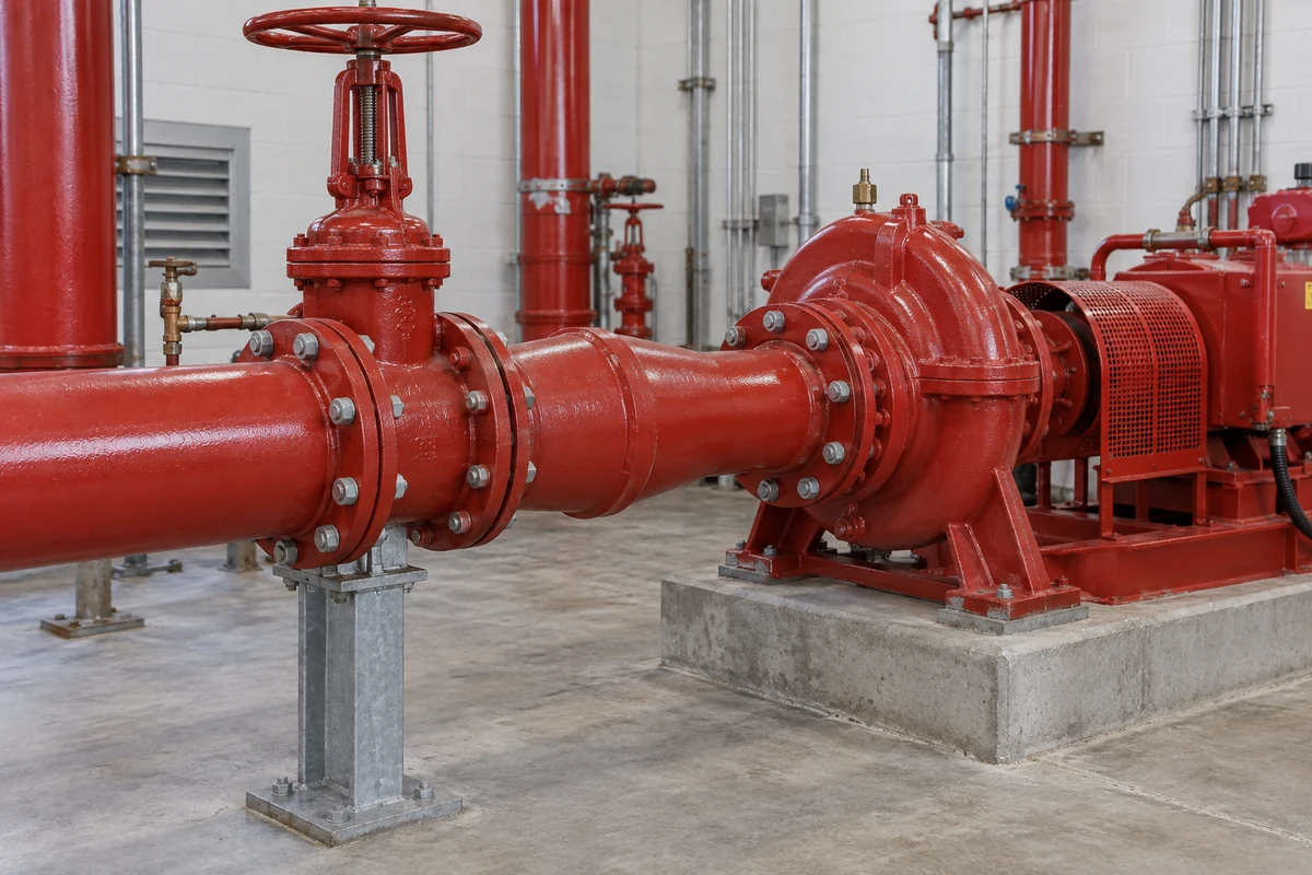 Supported red fire pump suction piping with a red isolation valve and reducer approaching a red centrifugal fire pump, with a guarded coupling on a gray concrete floor.