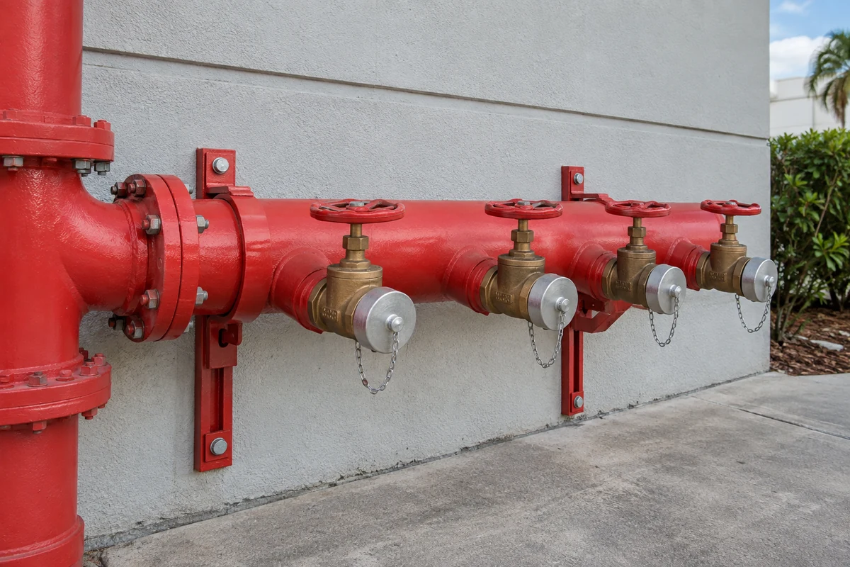 Red horizontal fire pump test-header manifold on a light concrete wall with four brass hose valves, red handwheels, metal outlet caps on retaining chains, red supply piping, and wall supports.